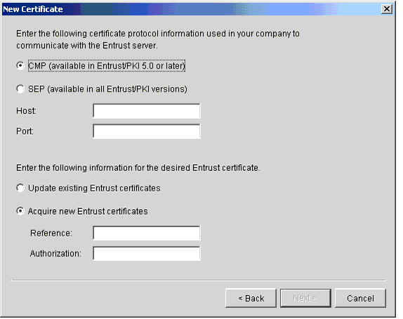 New Certificate Wizard, Entrust Server Information Window