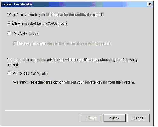 Export Certificate Selection Window