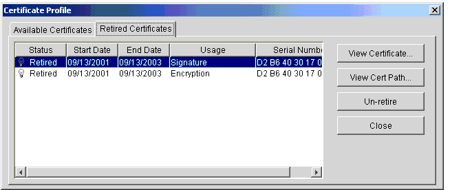 Certificate Profile Window, Retired Certificates Tab