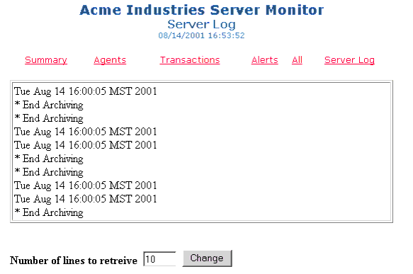 Server Log Area of Server Monitor Web Page