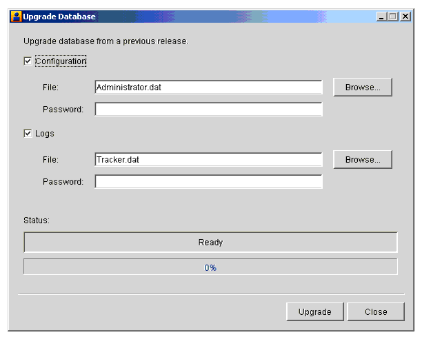 Upgrade Database window