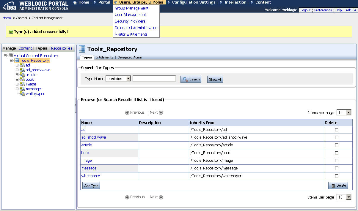The Types Tab within the Manage Types Window