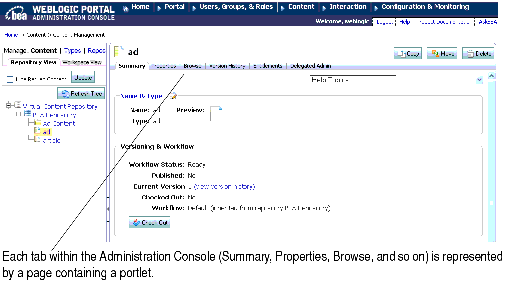 Administration Console Tabs