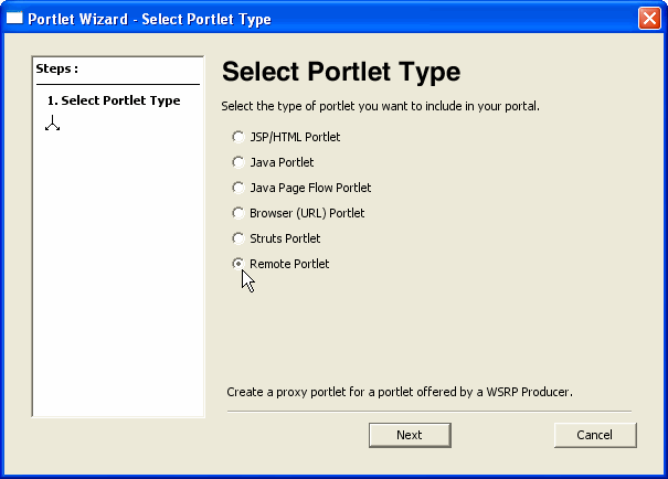 Select Portlet Type Dialog 