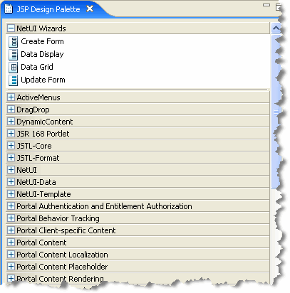 JSP Design Palette Showing Available JSP Tags