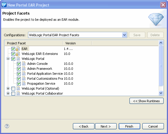 New Portal EAR Project –  Select Project Facets Dialog