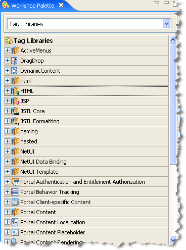 Design Palette Showing Available JSP Tags 
