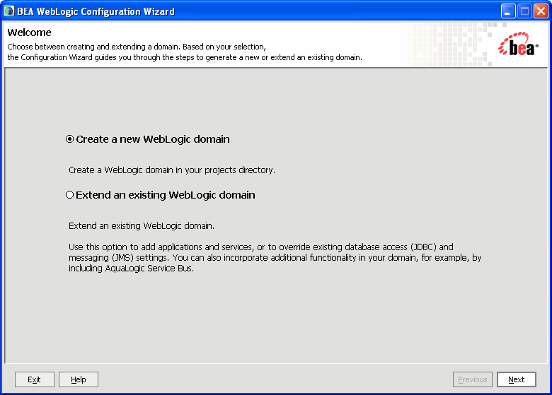 WebLogic Configuration Wizard Welcome Window