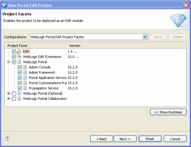 New Portal EAR Project –  Select Project Facets Dialog