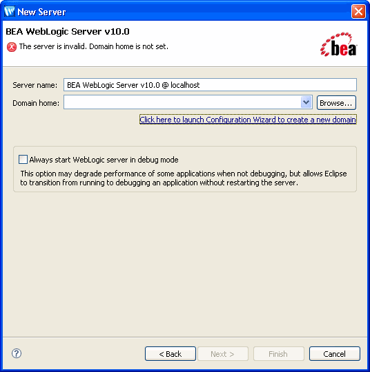 New Server –  New BEA WebLogic Server Dialog