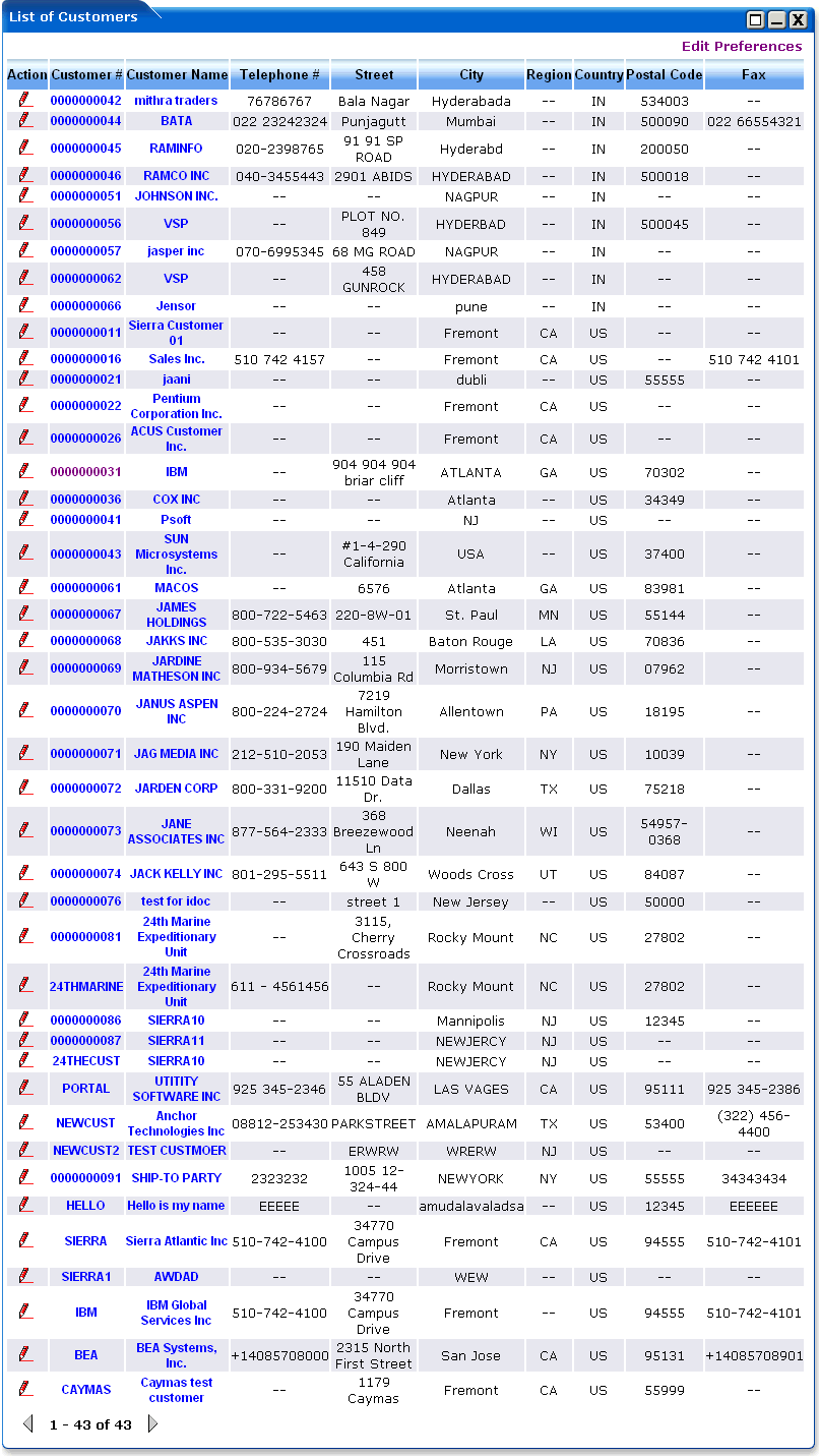 WebLogic Portlets for SAP List of Customers Portlet Screen