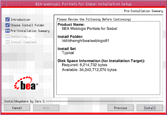 Pre-Installation Summary Screen