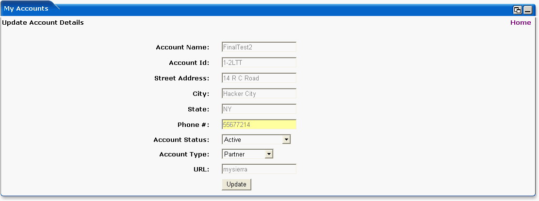 WebLogic Portlets for Siebel - My Accounts Portlet - edit account Screen
