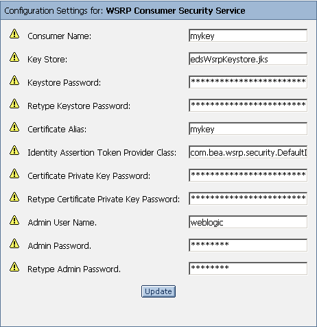 Configuration Settings for: WSRP Consumer Security Service Dialog Box
