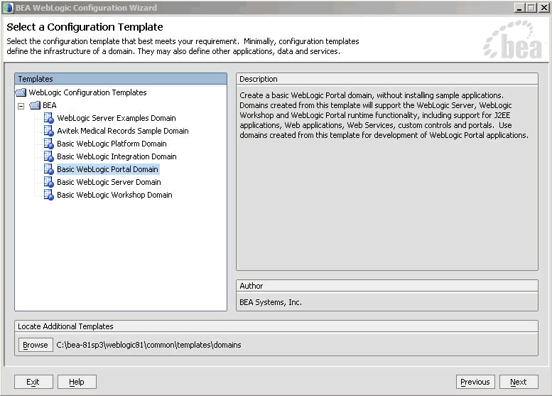 Configuration Wizard - Basic WebLogic Portal Domain 