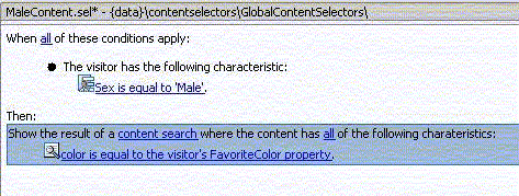 The completed content selector definition with a condition and a query