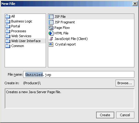 New File Dialog Box for New JSP