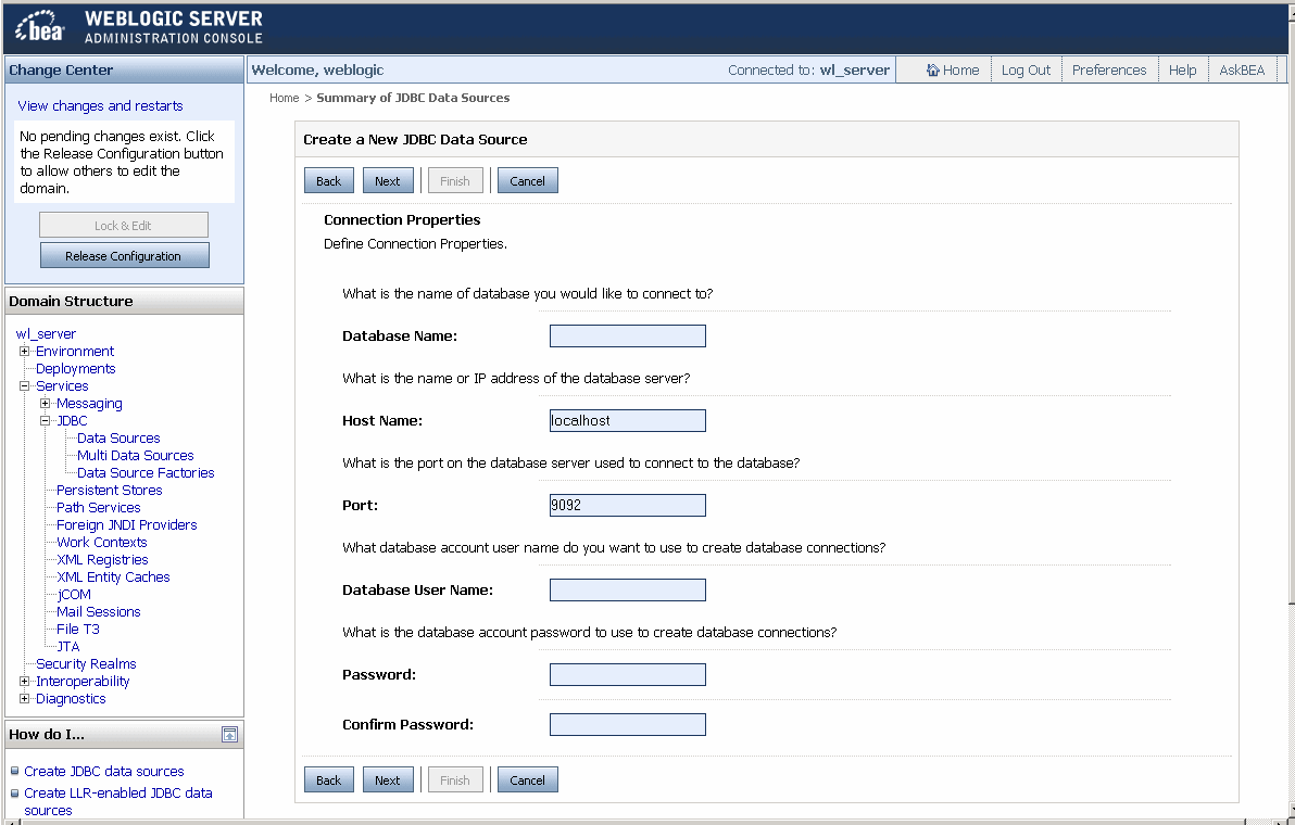 Create New JDBC Data Source in the WebLogic Server Console