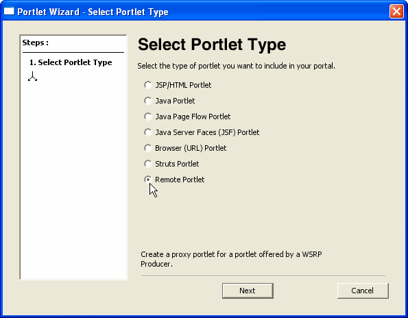 Select Portlet Type Dialog 
