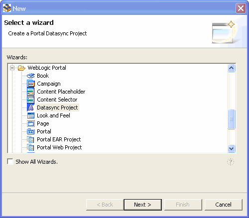 New—Select a Wizard Dialog with Datasync Project Selected