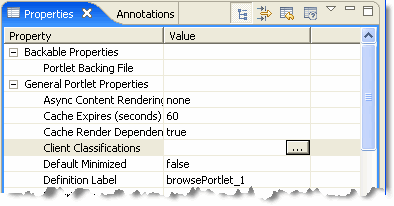 Portlet Properties View Showing the Client Classifications Property
