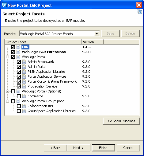 New Portal EAR Project – Select Project Facets Dialog