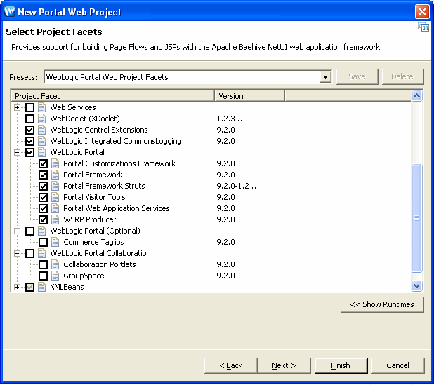 New Portal Web Project – Select Project Facets Dialog