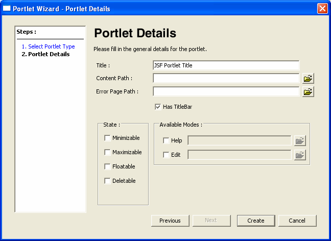 Portlet Wizard - JSF Portlet Details Dialog