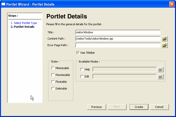 Example Portlet Wizard Details Dialog Following Drag and Drop of a Resource