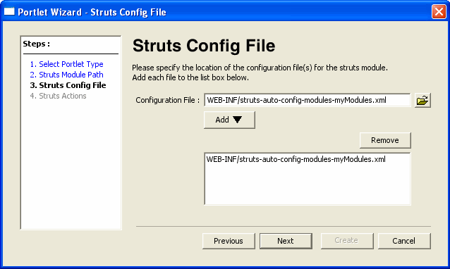 Portlet Wizard - Struts Config File Dialog