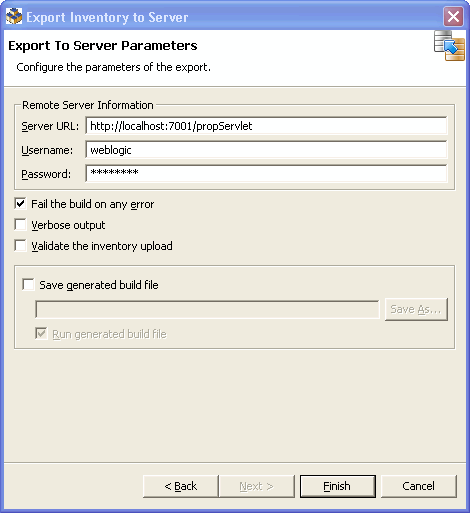 Export To Server Parameters Dialog