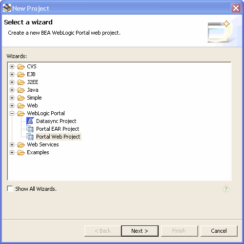 New Project - Select a Wizard Dialog with Portal Web Project Selected