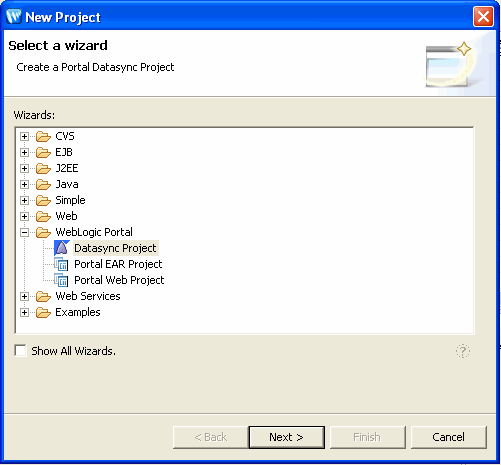 New Project—Select a Wizard Dialog with Datasync Project Selected