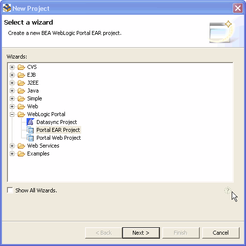 New Project - Select a Wizard Dialog with Portal EAR Project Selected
