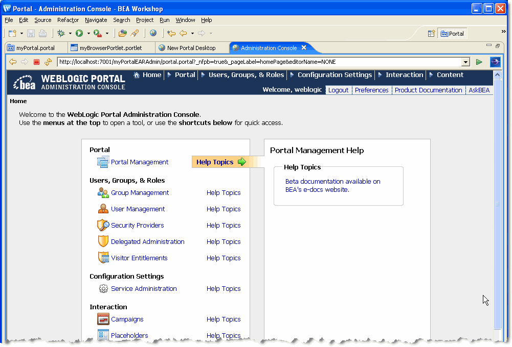 Administration Console Main Page, Maximized