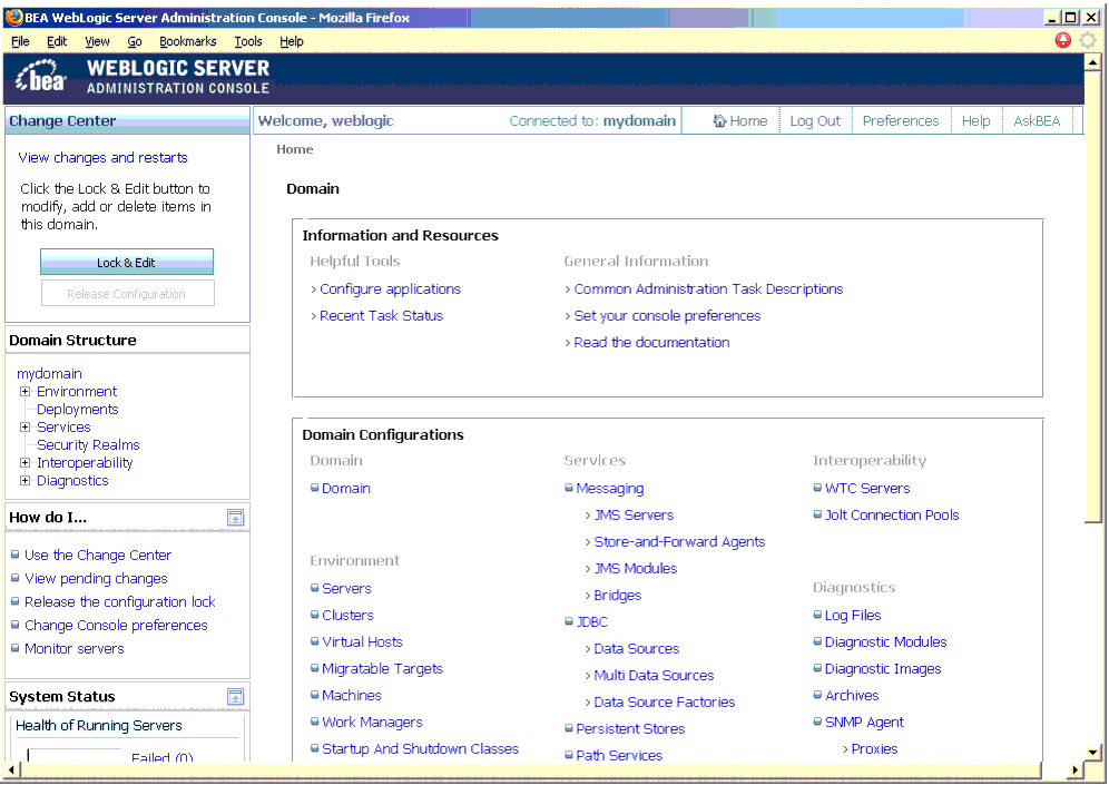 WebLogic Server Administration Console Main Window