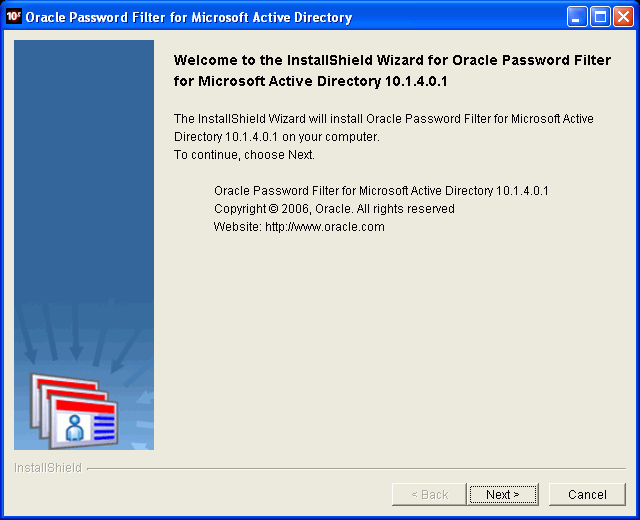 Oracle Password Filter for AD installer screen Oracle Password Filter for AD installer screen