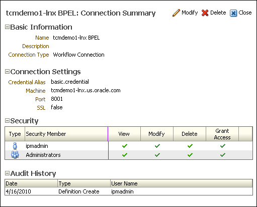 Workflow Connection Summary page Workflow Connection Summary page