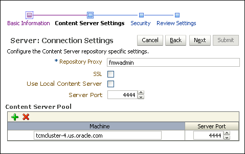 Connection Content Server Settings page Connection Content Server Settings page
