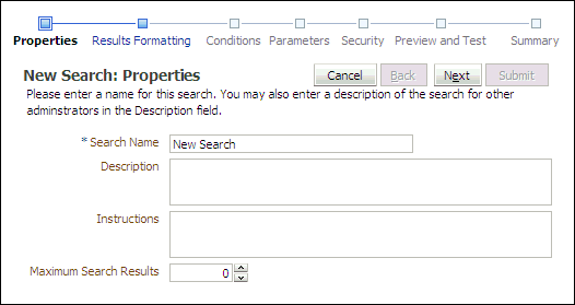 New Search Properties page New Search Properties page