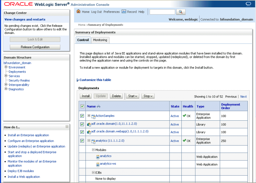 Oracle Web Logic Server Deployments page Oracle Web Logic Server Deployments page