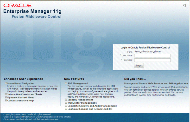 Fusion Middleware Control Login page. Fusion Middleware Control Login page.