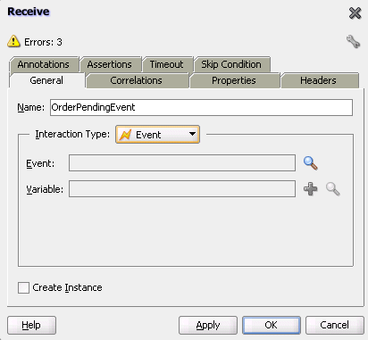 Receive dialog where the interaction pattern is set to Event Receive dialog where the interaction pattern is set to Event