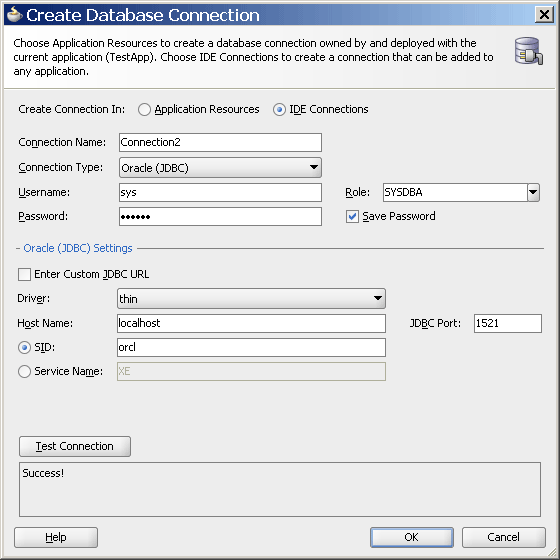 Create Database Connection Dialog Create Database Connection Dialog