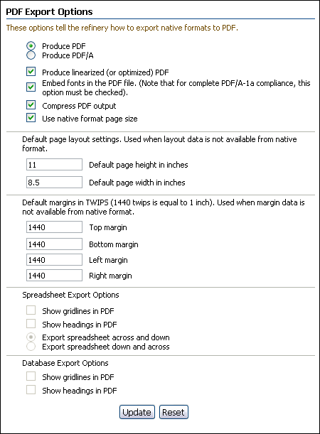 PDF Export Options Page PDF Export Options Page