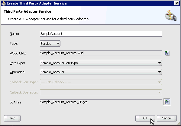 Create Third Party Adapter Service dialog box Create Third Party Adapter Service dialog box