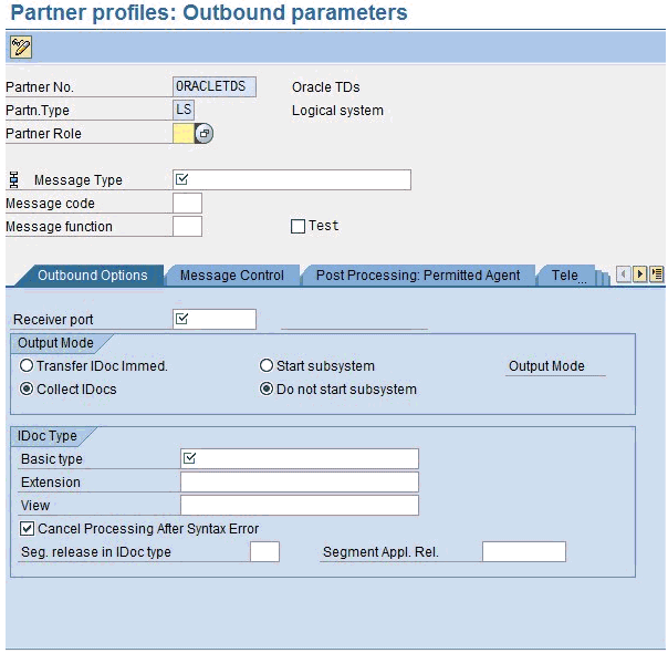 Partner profiles: Outbound parameters window Partner profiles: Outbound parameters window