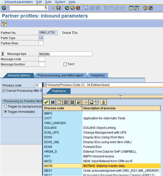 Partner profiles: Inbound parameters dialog Partner profiles: Inbound parameters dialog