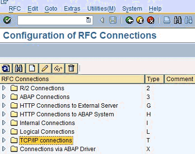 Configuration of RFC Connections window Configuration of RFC Connections window