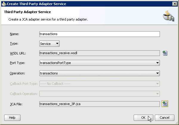Create Third Party Adapter Service dialog box Create Third Party Adapter Service dialog box